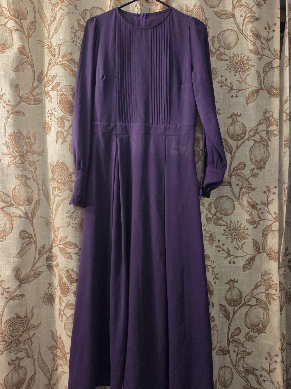 Long Sleeve Pleated Bodice Maxi Dress in Deep Purple